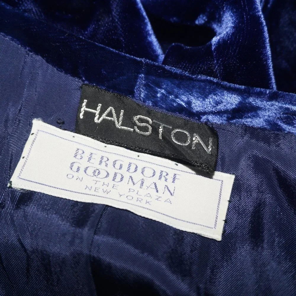 Vintage 70s Halston Bergdorf Goodman Midnight Navy Crushed Velvet Wrap Dress - Picture 3 of 10